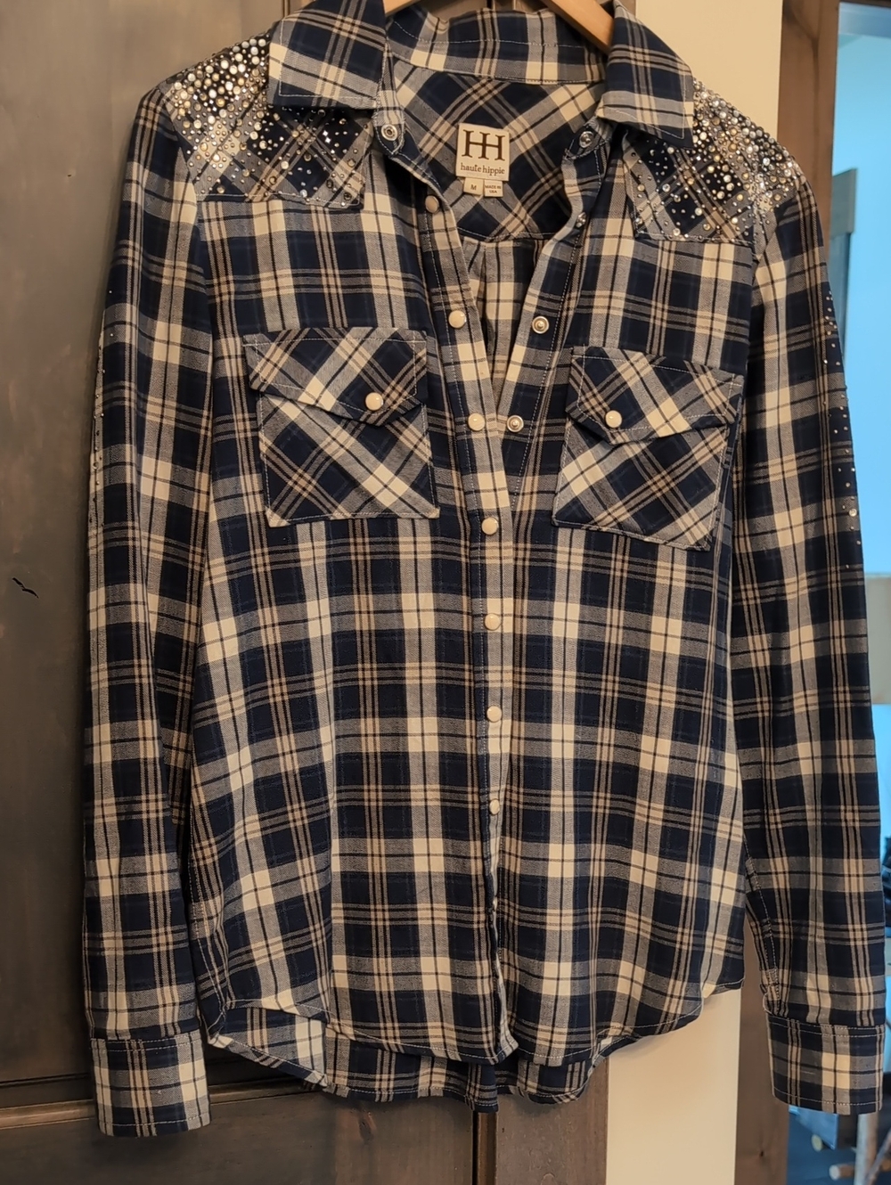 Haute Hippie Navy & White Plaid Rhinestone Western Shirt